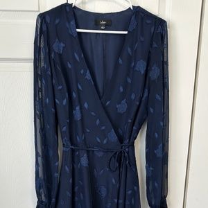 Evening of Elegance Navy Blue Floral Jacquard Wrap Midi Dress with Long Sleeves